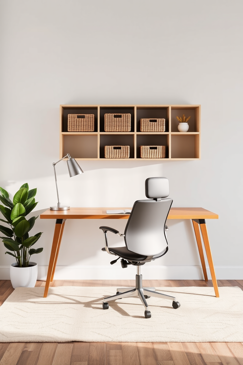 A modern home office featuring a sleek wooden desk positioned against a light gray wall. Stylish woven baskets are neatly arranged on open shelving, providing both storage and decorative appeal. A comfortable ergonomic chair sits at the desk, paired with a minimalist desk lamp that adds a touch of elegance. The floor is adorned with a soft area rug, and a potted plant adds a refreshing pop of greenery to the space.