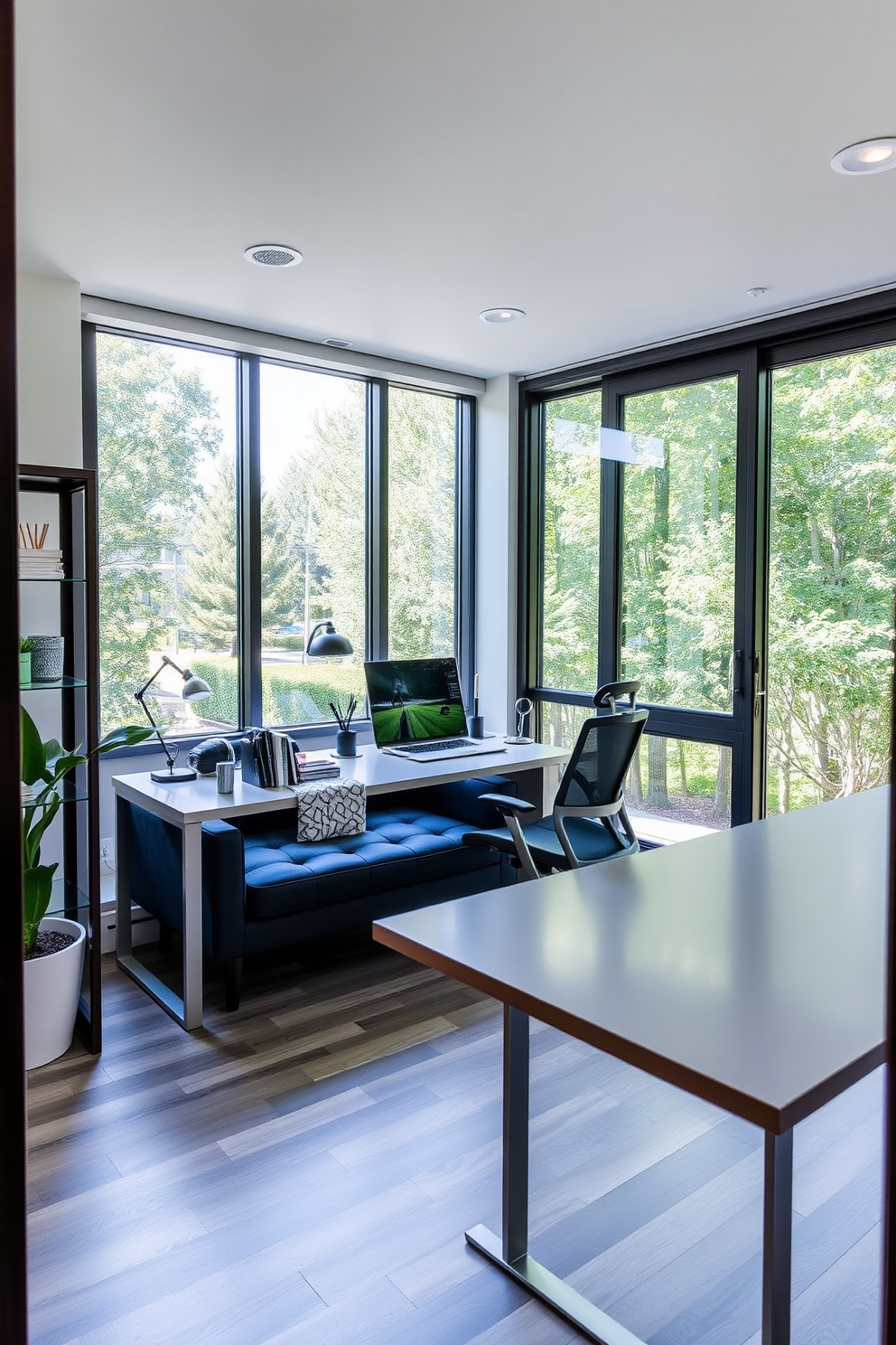 A modern home office featuring a small, stylish sofa in a corner for relaxation. The desk is sleek and minimalistic, paired with an ergonomic chair, while large windows allow natural light to fill the space.