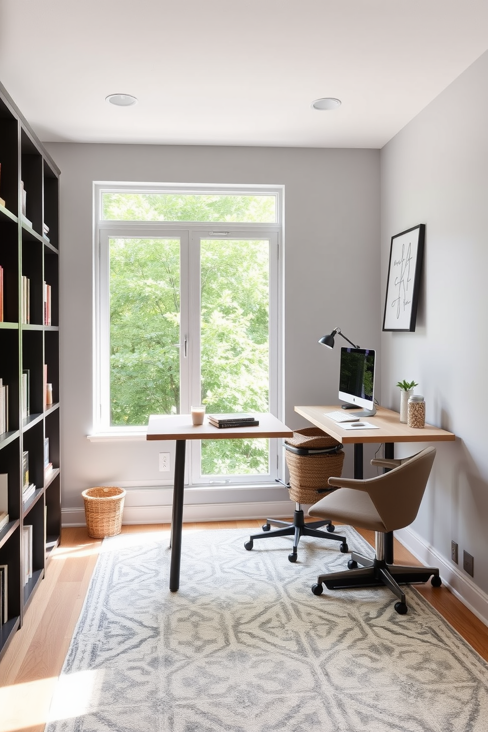 A modern home office featuring a standing desk that allows for flexibility and movement throughout the day. The desk is positioned near a large window, providing ample natural light and a view of greenery outside. The walls are painted in a calming light gray, complemented by a cozy area rug in soft tones. Shelving units filled with books and decor items line one side of the room, creating an organized yet inviting atmosphere.