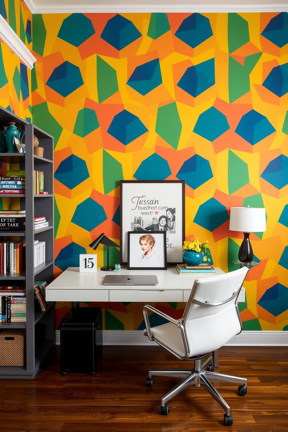 A striking home office design featuring bold wallpaper with a geometric pattern in vibrant colors. The space includes a sleek wooden desk paired with an ergonomic chair, complemented by a stylish bookshelf filled with curated decor and books.