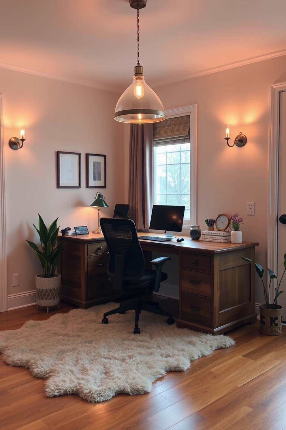 A cozy home office with layered lighting to create a warm ambiance. The space features a large wooden desk positioned near a window, complemented by a comfortable ergonomic chair. Warm pendant lights hang above the desk, while wall sconces provide additional illumination. Soft, neutral colors adorn the walls, and a plush area rug adds texture to the hardwood floor.