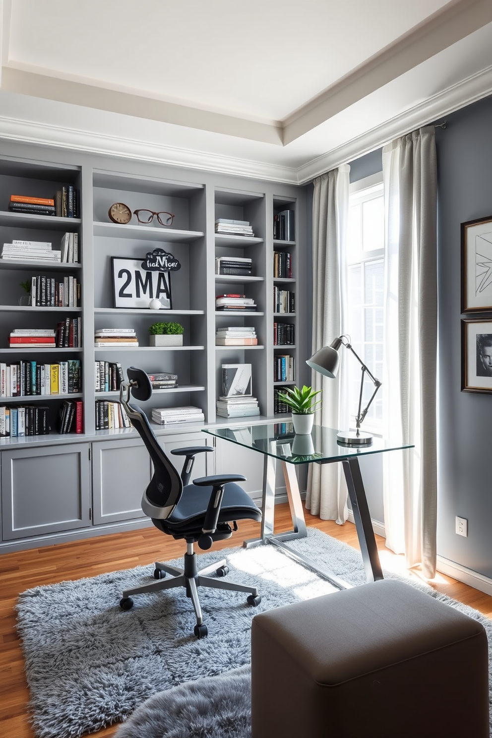 A modern home office with a sleek glass desk positioned against a wall of built-in bookshelves filled with neatly arranged books and decorative items. A comfortable ergonomic chair sits at the desk, and a large window allows natural light to flood the space, complemented by soft, sheer curtains. The color palette features calming shades of blue and gray, with a plush area rug underfoot to add warmth. A stylish desk lamp and a potted plant on the desk enhance the inviting atmosphere, while framed artwork adorns the walls to inspire creativity.