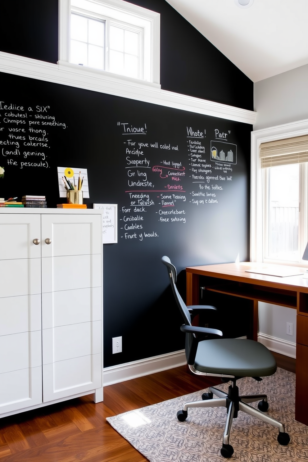 A modern home office featuring a sleek glass desk positioned near a large window that allows natural light to flood the space. On the wall behind the desk, a large round mirror reflects the light and creates an illusion of more space. The office is adorned with minimalist shelving units that display books and decorative items. A comfortable ergonomic chair complements the desk, and a potted plant adds a touch of greenery to the overall design.