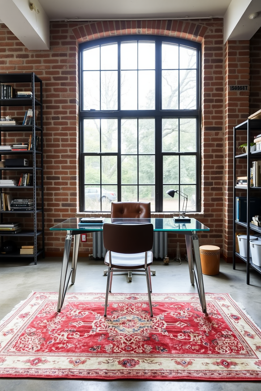 A modern industrial home office features exposed brick walls and large windows that let in natural light. A sleek metal desk with a glass top sits in the center, complemented by a comfortable leather chair with metal legs. On one side of the room, a tall metal shelving unit holds books and decorative items, adding to the industrial aesthetic. The floor is polished concrete, and a vintage rug adds warmth to the space.