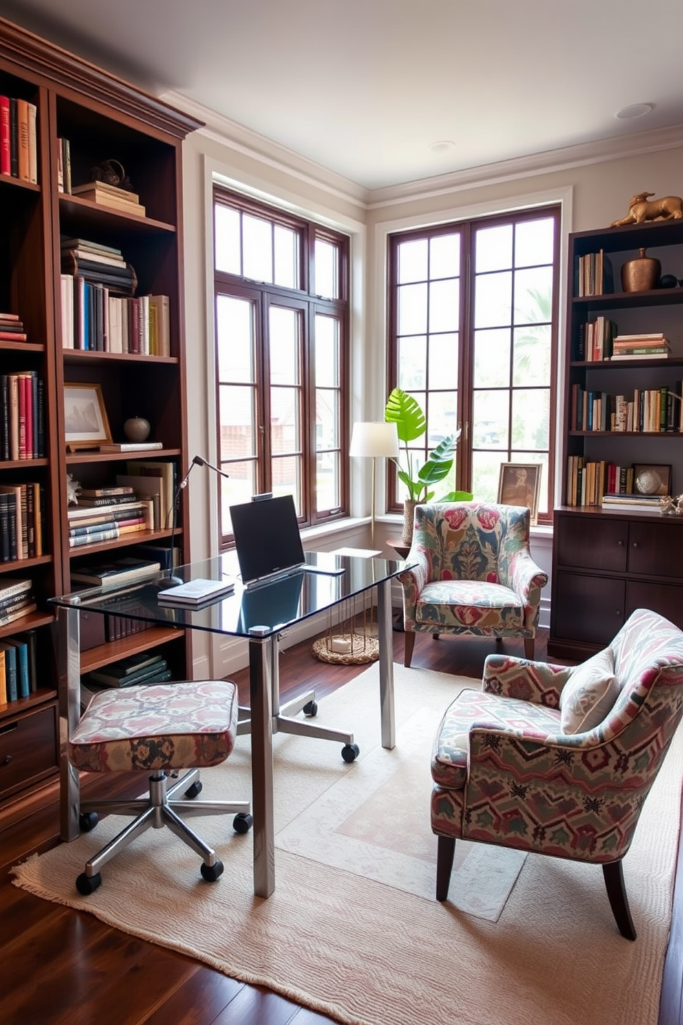 A stylish home office featuring a large pinboard mounted on the wall for displaying ideas and inspiration. The desk is made of reclaimed wood with a sleek metal frame, complemented by an ergonomic chair in a bold color. Natural light floods the room through a large window adorned with sheer curtains. Bookshelves filled with neatly arranged books and decorative items flank either side of the pinboard, adding character to the space.