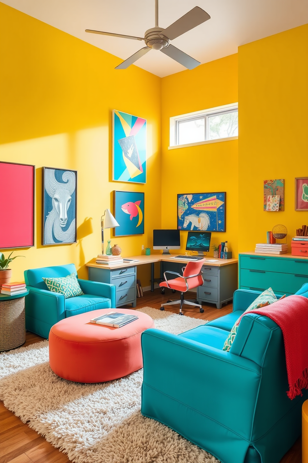 A vibrant home office filled with bright colors to create an energetic vibe. The walls are painted in a lively yellow shade, and the furniture features a mix of teal and coral accents. A large desk is positioned near a window, allowing natural light to flood the space. Colorful artwork adorns the walls, and a plush area rug adds warmth underfoot.