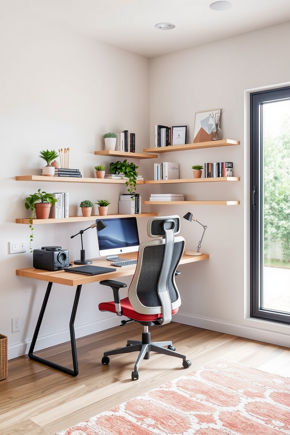 A gallery wall adorned with a curated selection of inspiring artwork. The pieces vary in size and style, creating a dynamic visual interest that energizes the room. A modern home office featuring a sleek desk with a comfortable ergonomic chair. Large windows allow natural light to fill the space, complemented by stylish shelving units filled with books and decorative items.