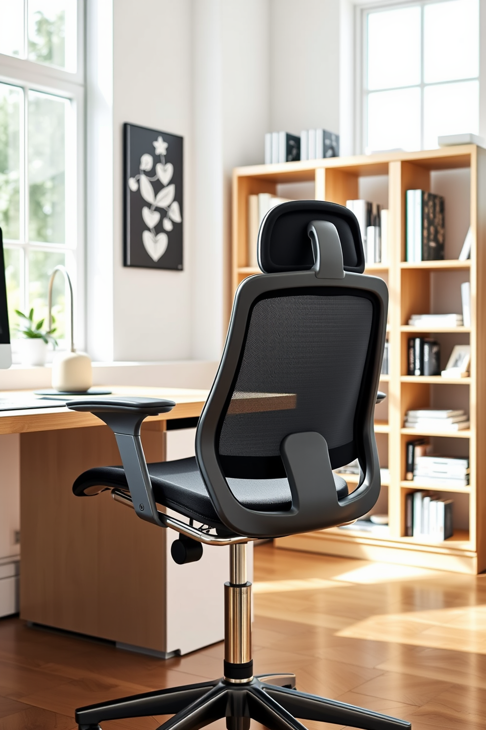 A cozy home office featuring a soft area rug that adds warmth and comfort to the space. The desk is positioned near a large window, allowing natural light to illuminate the room and enhance productivity.