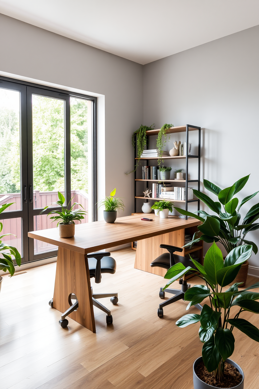 A modern home office with a sleek wooden desk positioned near a large window that allows natural light to flood the space. Lush green plants are placed on the desk and in the corners, adding a refreshing touch to the overall design. The walls are painted in a soft gray hue, providing a calming backdrop for productivity. A comfortable ergonomic chair complements the desk, while a stylish bookshelf filled with books and decorative items adds personality to the room.