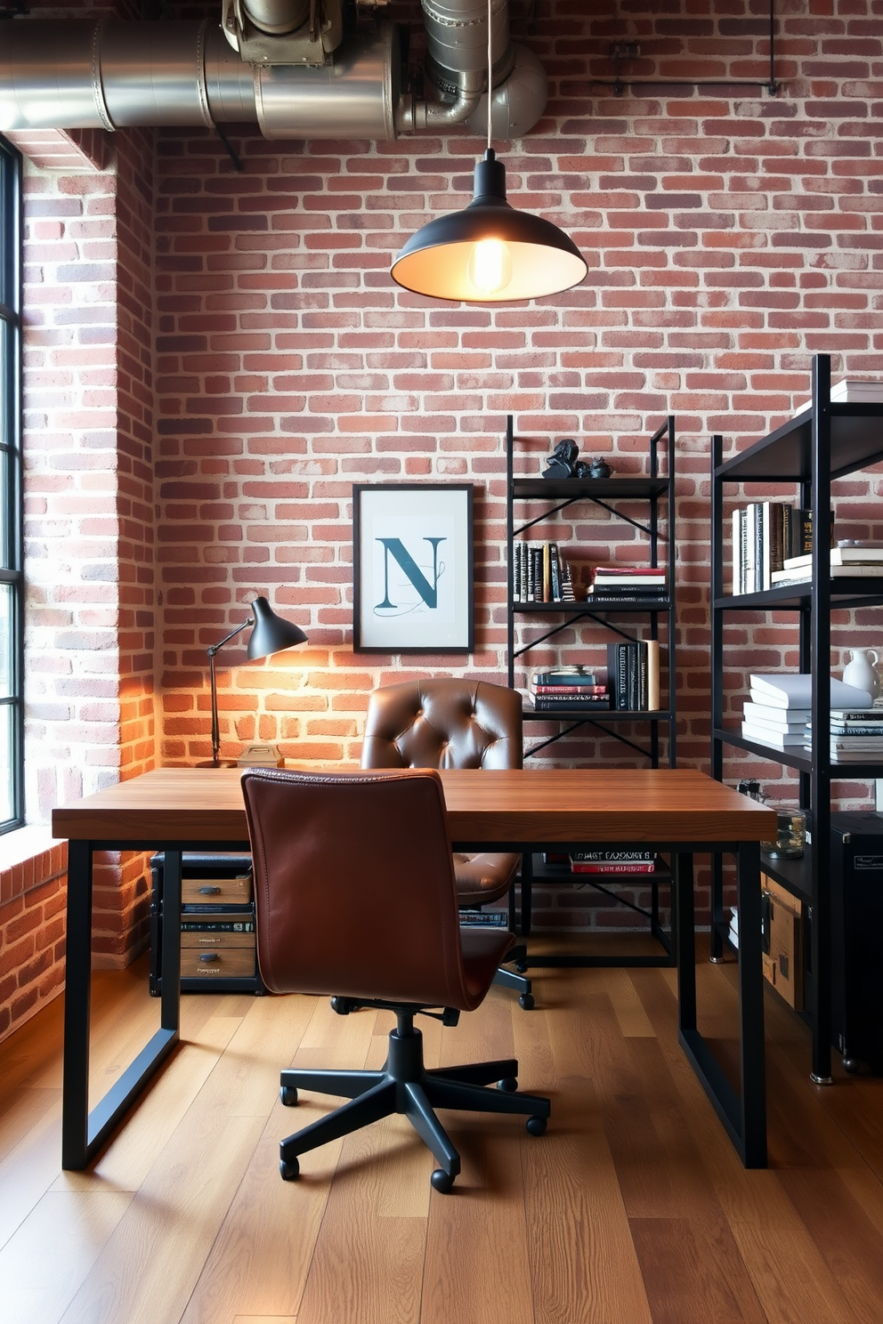 A modern home office featuring exposed brick walls and large industrial windows. The space includes a sleek metal desk paired with a comfortable leather chair, accented by a vintage floor lamp. On one side, a wooden bookshelf displays an array of books and decorative items. A plush area rug lies beneath the desk, adding warmth to the industrial aesthetic.