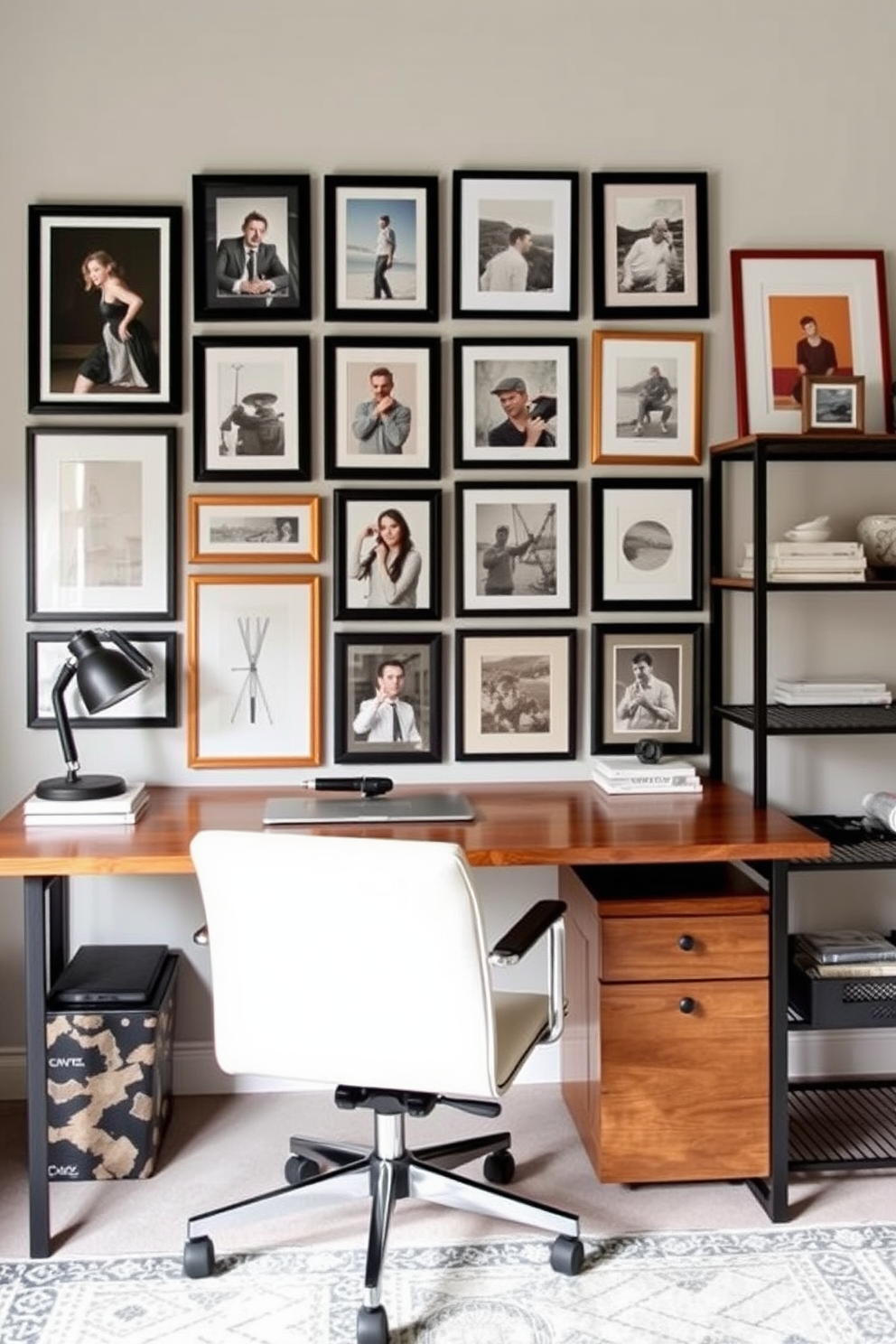 A stylish home office featuring mid-century modern furniture with sleek lines and a minimalist aesthetic. The desk is made of rich walnut wood paired with a comfortable leather chair, and a unique bookshelf displays curated decor items. Natural light floods the room through large windows, highlighting the warm tones of the furnishings. A geometric area rug anchors the space, while a potted plant adds a touch of greenery and vitality.