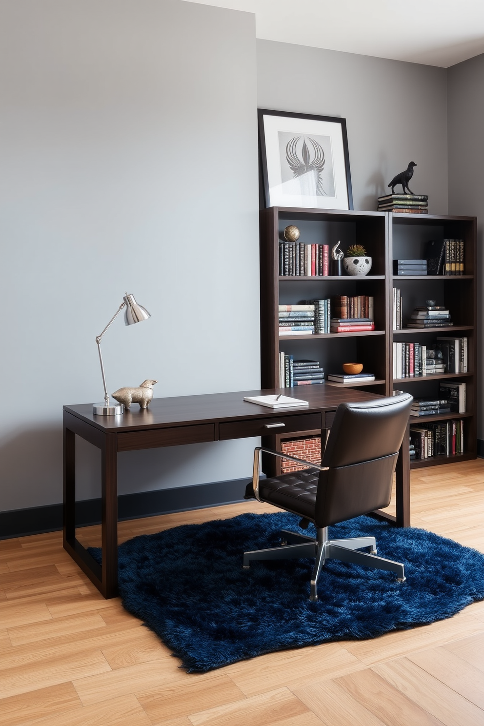 A stylish home office designed for men features a sleek dark wood desk positioned against a light gray wall. A comfortable leather chair complements the desk, while a large bookshelf filled with books and decor items adds character to the space. To enhance warmth and texture, a plush area rug in deep blue is placed under the desk, creating a cozy atmosphere. A modern desk lamp with a metallic finish illuminates the workspace, and framed artwork hangs above the desk, adding a personal touch.