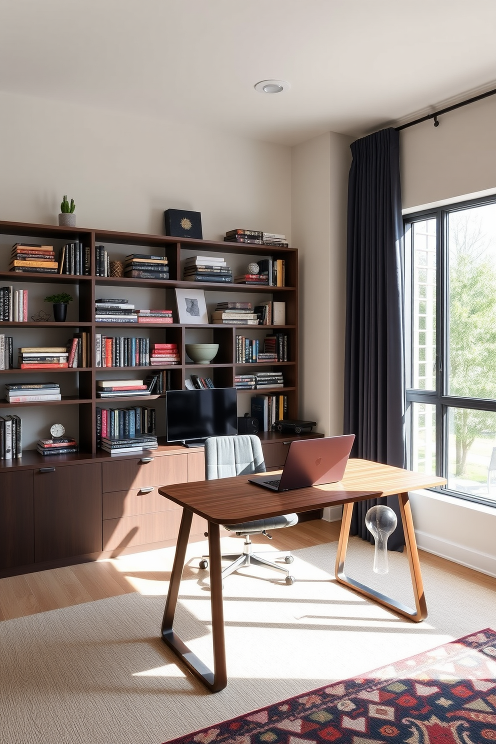 A dedicated space for creative brainstorming featuring a sleek modern desk made of reclaimed wood positioned near a large window that allows natural light to flood the room. The walls are painted in a calming navy blue with floating shelves displaying inspiring books and art pieces, while a comfortable ergonomic chair complements the workspace. Home office design ideas for men include a bold accent wall adorned with framed artwork and motivational quotes to spark creativity. A plush area rug anchors the space, and a stylish floor lamp provides additional lighting for evening work sessions.