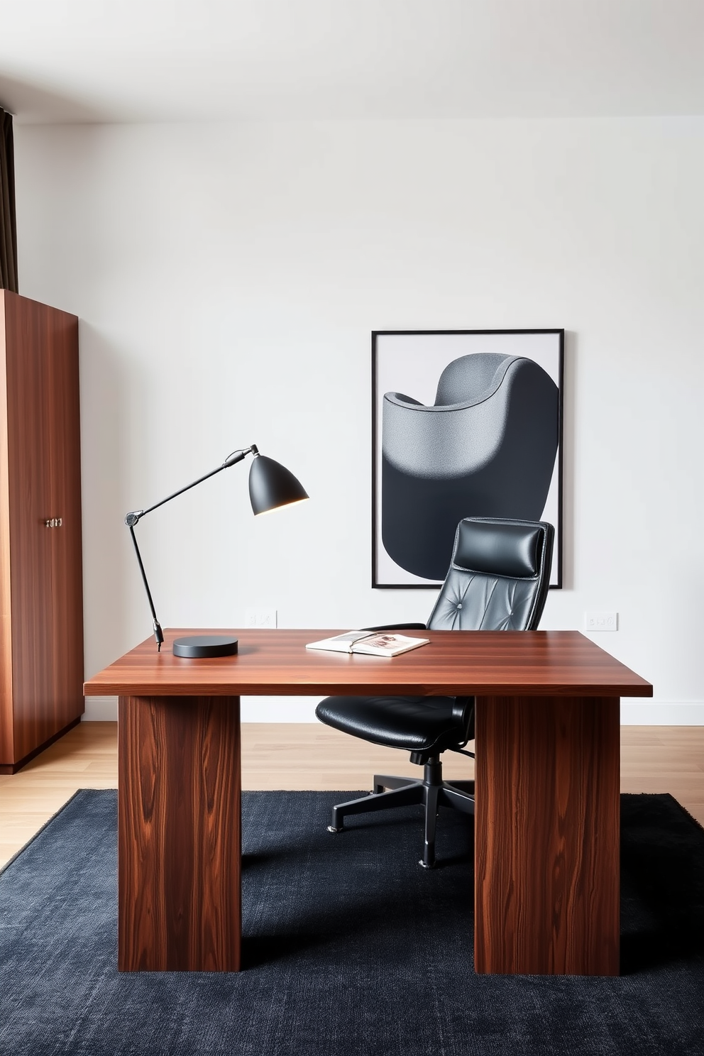 A modern home office designed for men features a sleek black desk with a geometric pattern on the surface. Behind the desk, a large window allows natural light to illuminate the space, complemented by a stylish ergonomic chair in dark leather. The walls are adorned with geometric art pieces that add a contemporary touch, while a plush area rug with bold shapes anchors the room. A bookshelf filled with neatly arranged books and decorative objects adds personality and sophistication to the office.