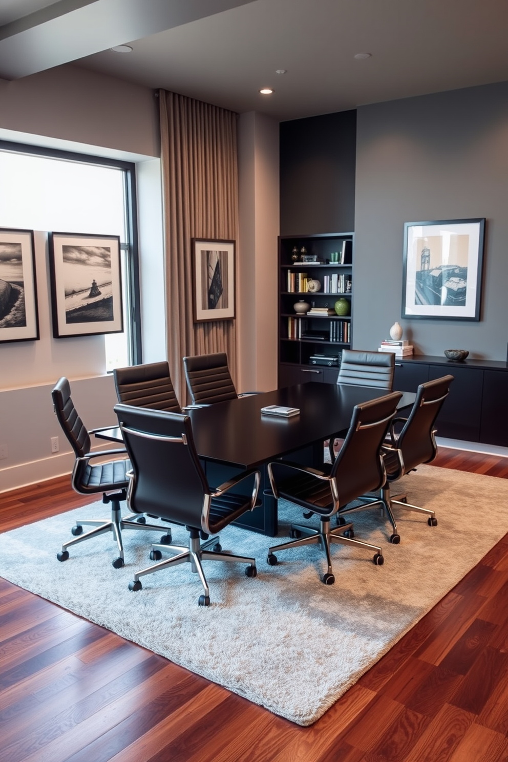 A stylish home office designed for men features a sleek wooden desk with a comfortable leather chair positioned in front of it. The walls are painted in a deep navy blue, and a modern bar cart is placed in the corner, stocked with premium spirits and glassware for entertaining guests. The desk is adorned with minimalist accessories, including a stylish lamp and a few framed photos. A plush area rug lies beneath the desk, adding warmth to the space, while large windows allow natural light to flood in, creating an inviting atmosphere.