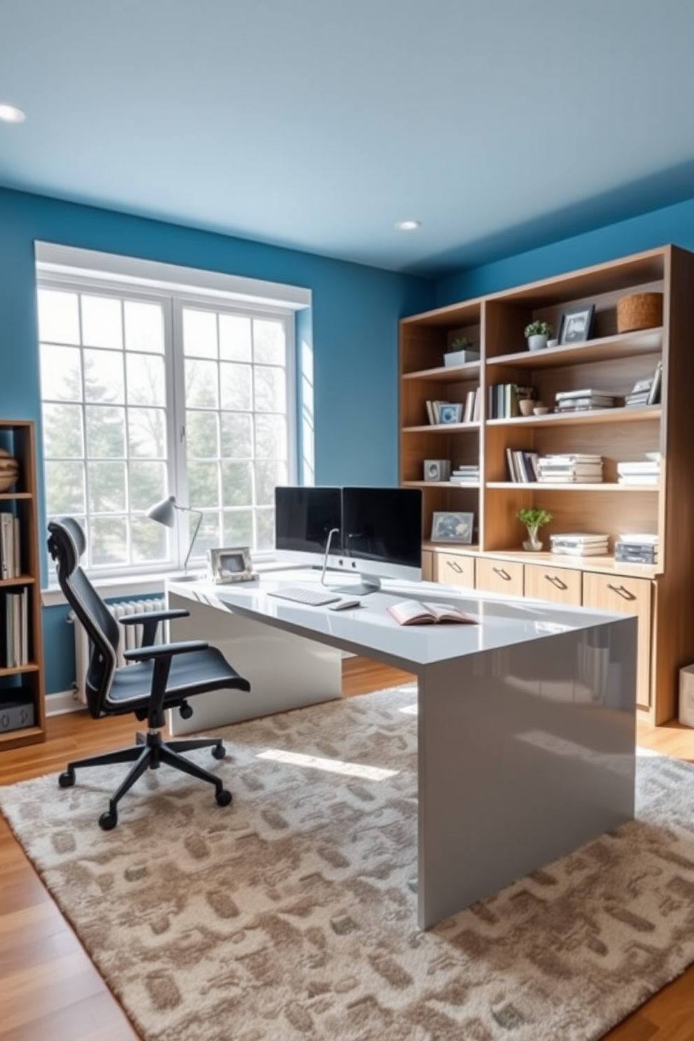 A modern home office designed for productivity features a large sleek desk positioned in front of a spacious window that offers plenty of natural light. The desk is paired with an ergonomic chair, and a dual monitor setup is used to enhance workflow efficiency. The walls are painted in a calming blue hue, promoting focus and creativity. Stylish shelves filled with books and decorative items line one side of the room, while a plush area rug adds warmth and comfort underfoot.