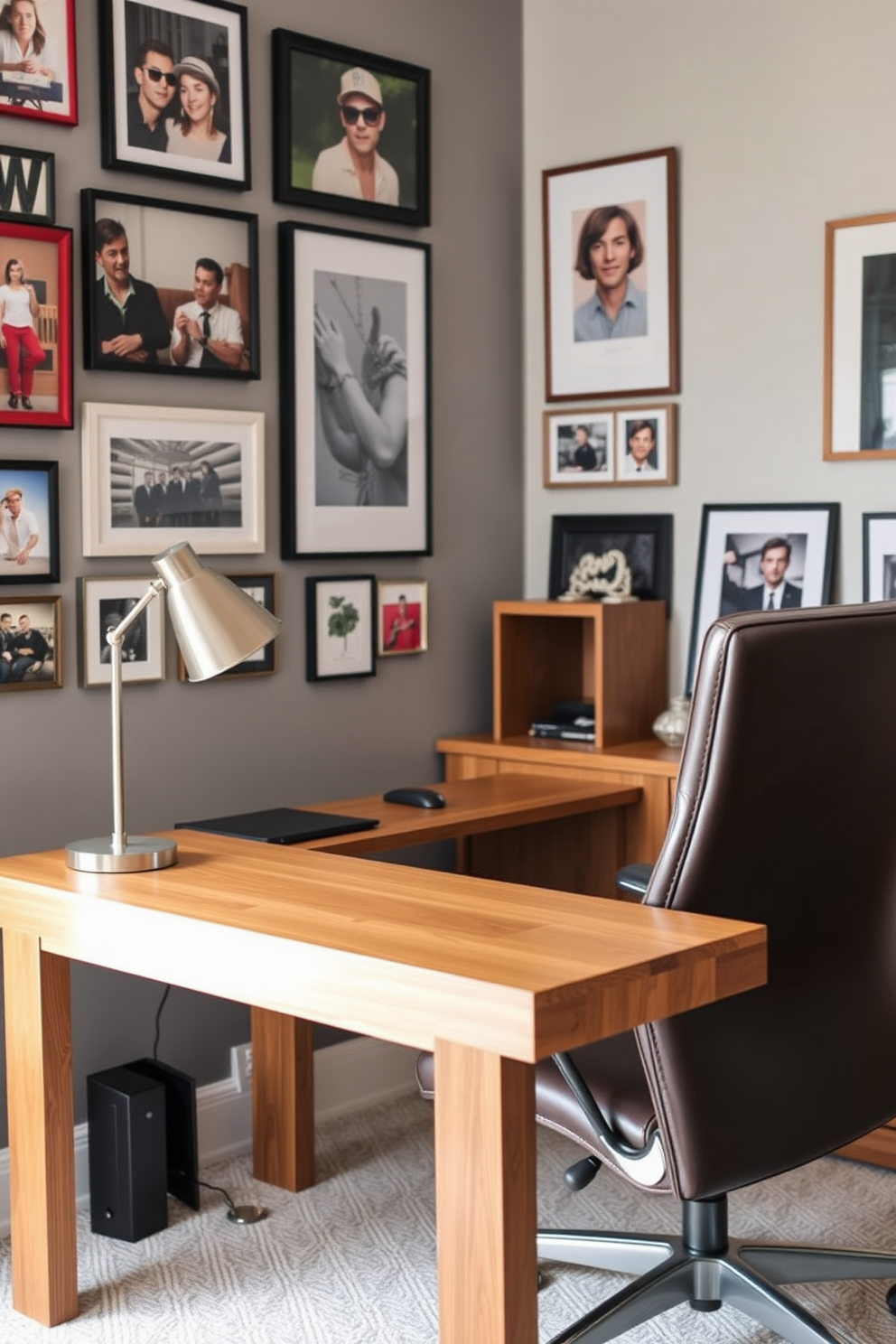 A modern home office designed for men features soundproofing elements to create a quiet and focused work environment. The room includes thick sound-absorbing panels on the walls and a plush area rug to minimize noise. The desk is a sleek dark wood with a minimalist design, paired with a comfortable ergonomic chair. Large windows allow natural light to flood the space, while heavy curtains provide additional sound insulation when closed.