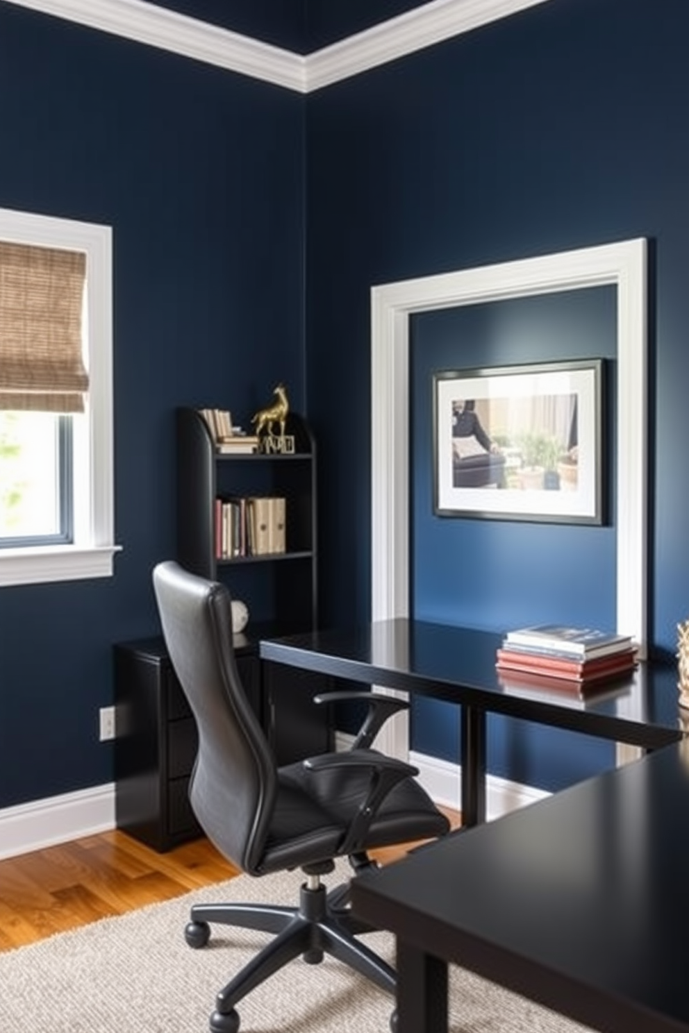 A cozy home office designed for men features layered rugs that add depth and texture to the space. The room is anchored by a large, plush area rug in a neutral tone, topped with a smaller, patterned rug that brings in a pop of color. The office includes a sleek wooden desk paired with a comfortable leather chair. Shelves filled with books and personal items line the walls, creating an inviting and functional workspace.