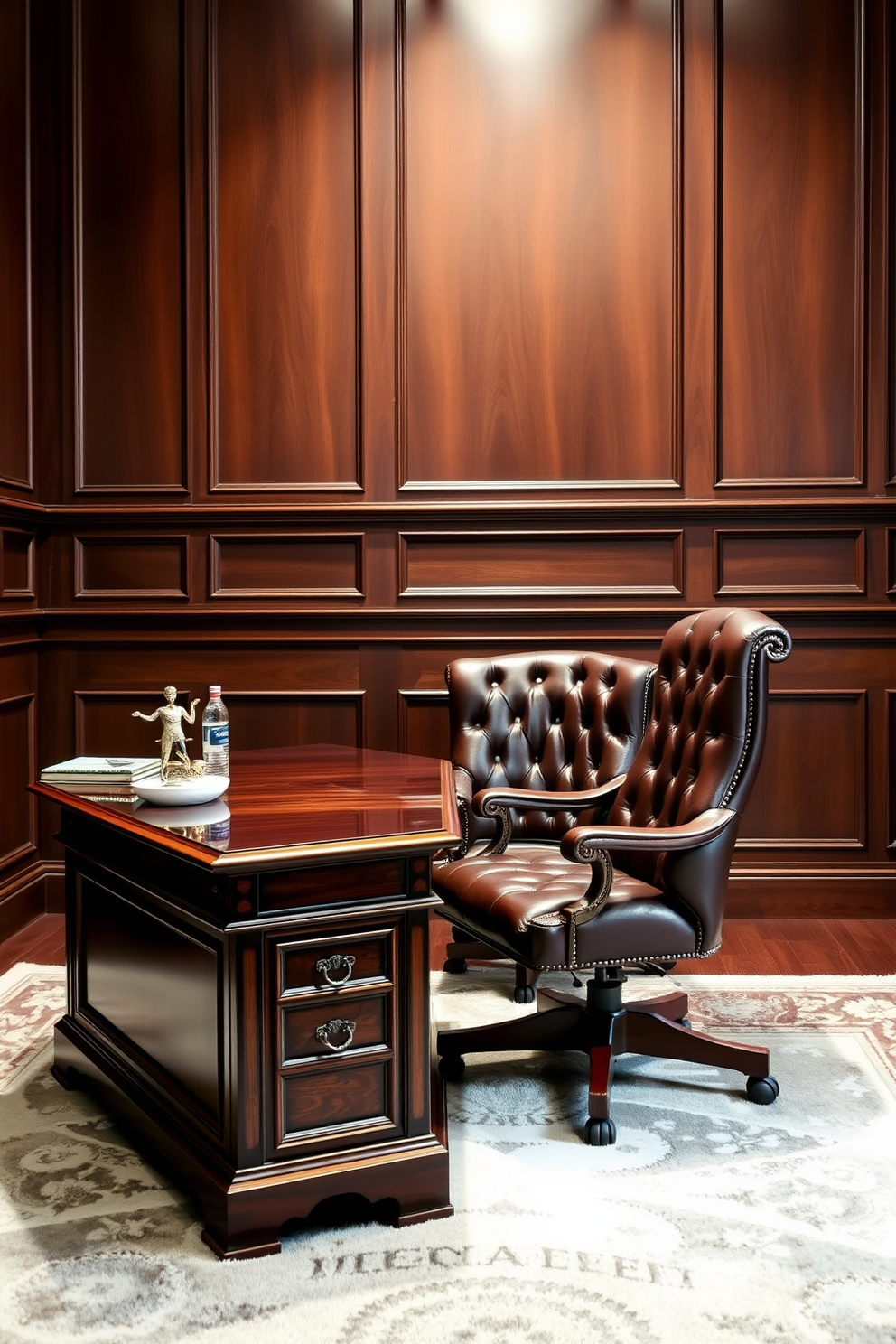 A rich wood desk sits prominently in the center of the room accompanied by a luxurious leather chair. The walls are adorned with dark wood paneling and the floor features a plush area rug that adds warmth to the space.