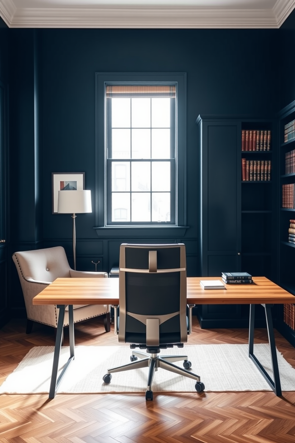 A stylish home office designed for men features a sleek wooden desk with a modern ergonomic chair. The walls are painted in a deep navy blue, creating a sophisticated atmosphere, while a large window allows natural light to flood the space. In one corner, a comfortable reading nook is created with a plush armchair and a small side table. A bookshelf filled with leather-bound volumes lines the wall, adding to the refined ambiance of the room.