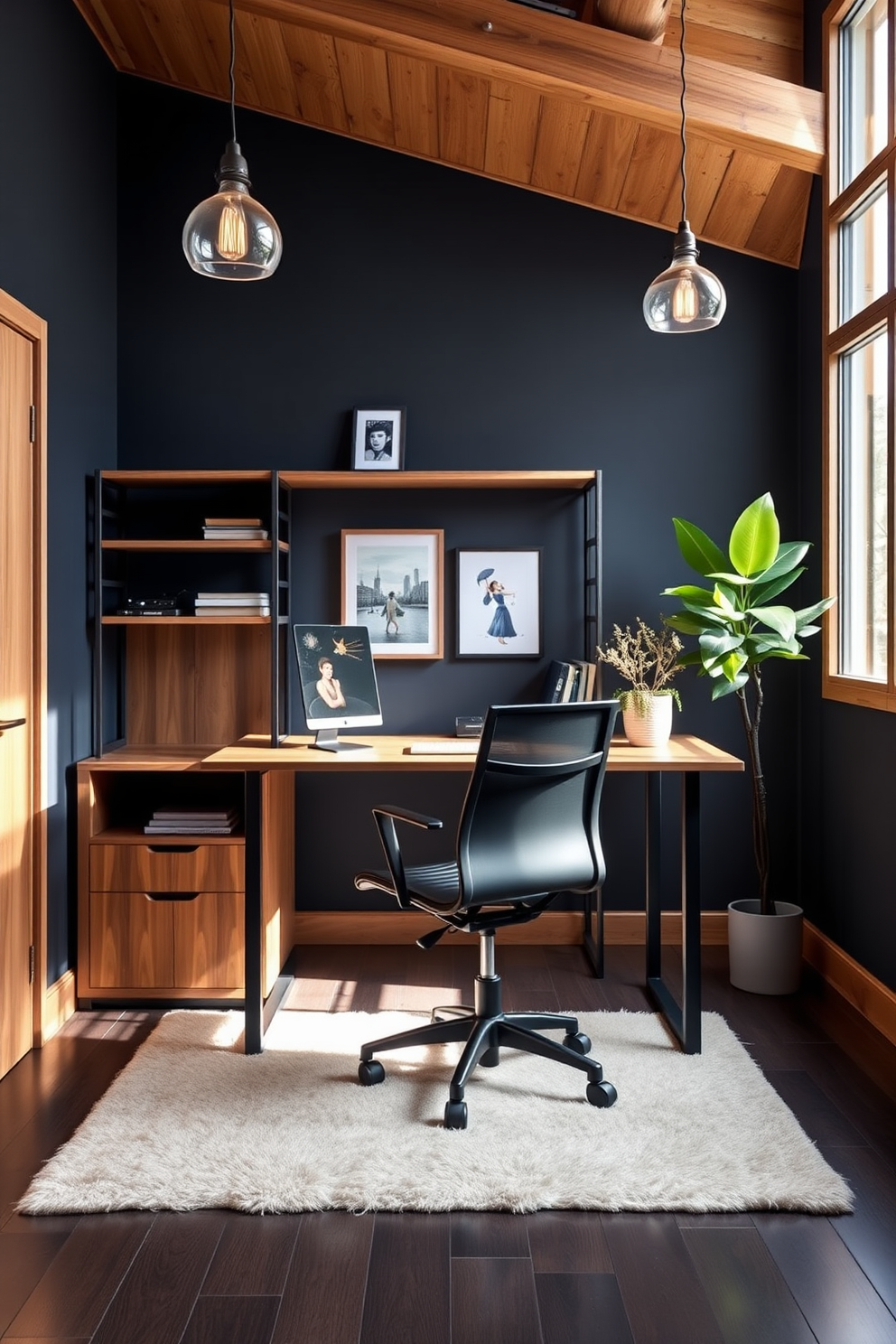 A modern home office designed for men features a sleek standing desk made of dark wood with clean lines and a minimalist aesthetic. The space includes a comfortable ergonomic chair, stylish shelving units, and a large window that allows natural light to flood in, enhancing productivity. The walls are painted in a deep navy blue, complemented by warm wooden accents and industrial-style lighting fixtures. A plush area rug adds texture to the floor, while personal touches like framed artwork and a potted plant create an inviting atmosphere.