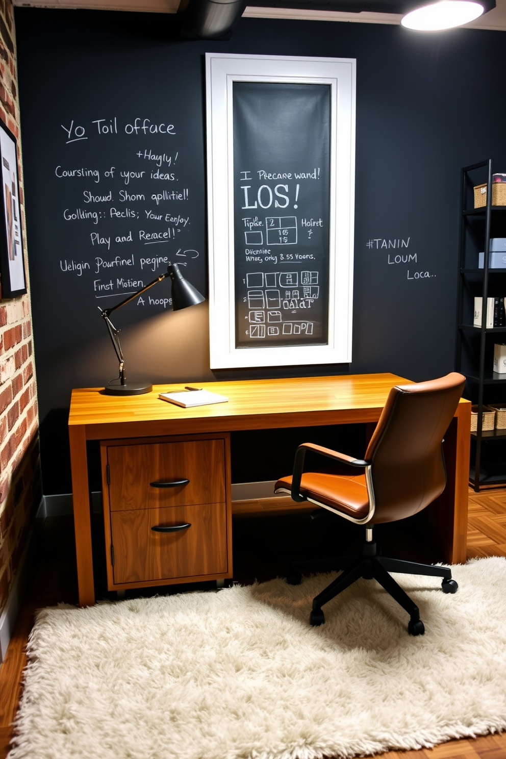 A modern home office designed for men features a large wooden desk with clean lines and a comfortable leather chair. The room is accented by a chalkboard wall where ideas can be written down, inspiring creativity and organization. Incorporate industrial elements such as exposed brick and metal shelving to enhance the masculine aesthetic. Soft lighting from a stylish desk lamp adds warmth, while a plush area rug provides comfort underfoot.