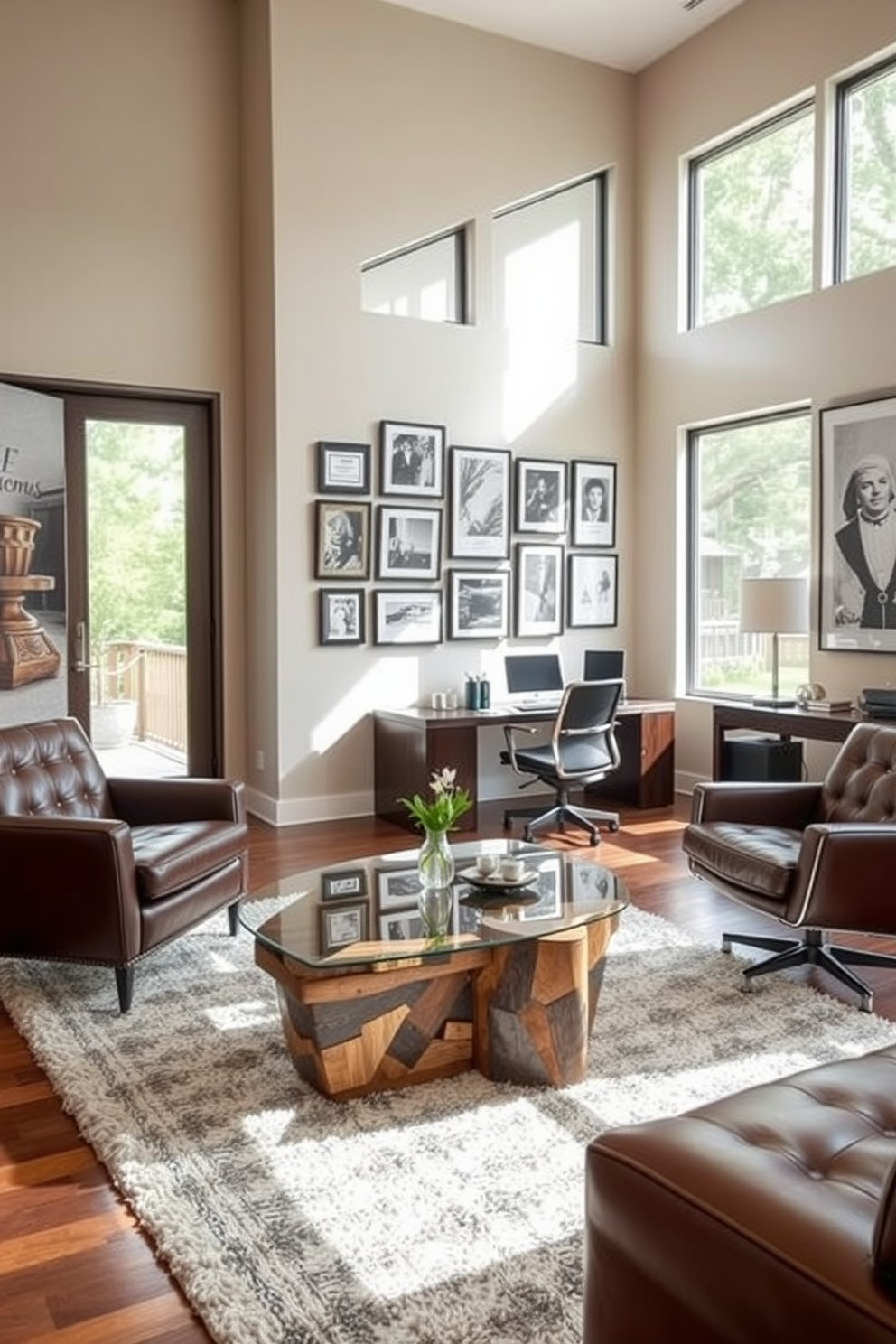 A modern home office designed for men features a sleek wooden desk with a comfortable ergonomic chair. Soft lighting is provided by stylish desk lamps that create a warm and inviting atmosphere. The walls are adorned with framed artwork and shelves filled with books and personal items. A plush area rug lies beneath the desk, adding texture and warmth to the space.