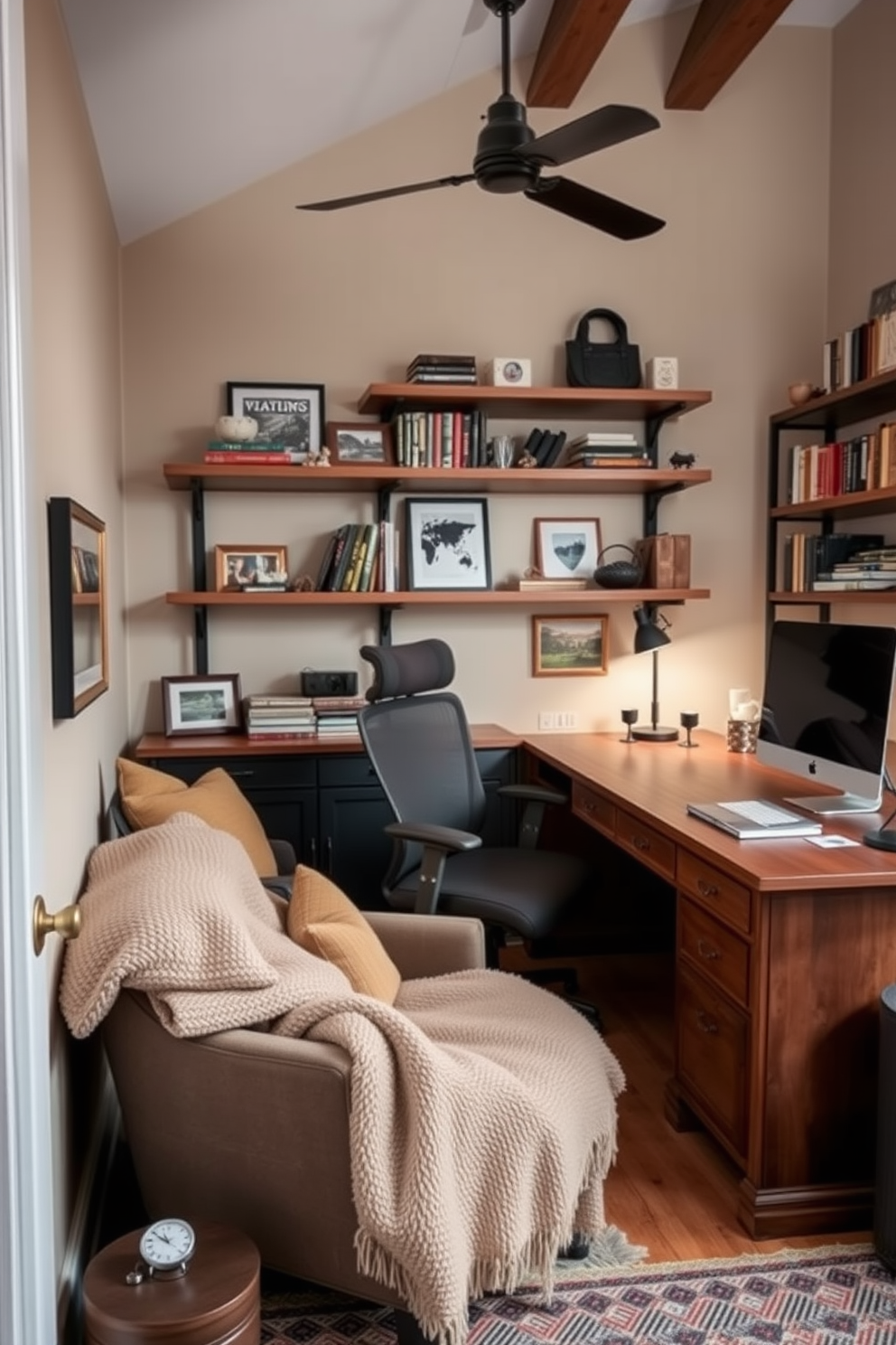 Create a cozy corner with soft cushions in a warm color palette. Include a plush throw blanket draped over a comfortable armchair next to a small side table. Design a masculine home office featuring a sturdy wooden desk and an ergonomic chair. Add industrial-style lighting and shelves filled with books and personal memorabilia to enhance the space.