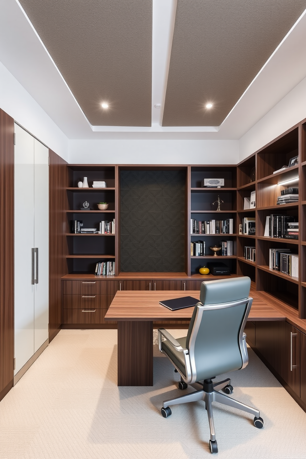 A sleek home office designed for men features deep navy blue walls that create a bold and dramatic atmosphere. A large black leather desk sits at the center, complemented by a comfortable ergonomic chair and stylish brass accents. The room is illuminated by a modern chandelier with dark metal finishes, casting a warm glow over the space. A rich mahogany bookshelf lines one wall, filled with leather-bound books and decorative artifacts that add character to the room.