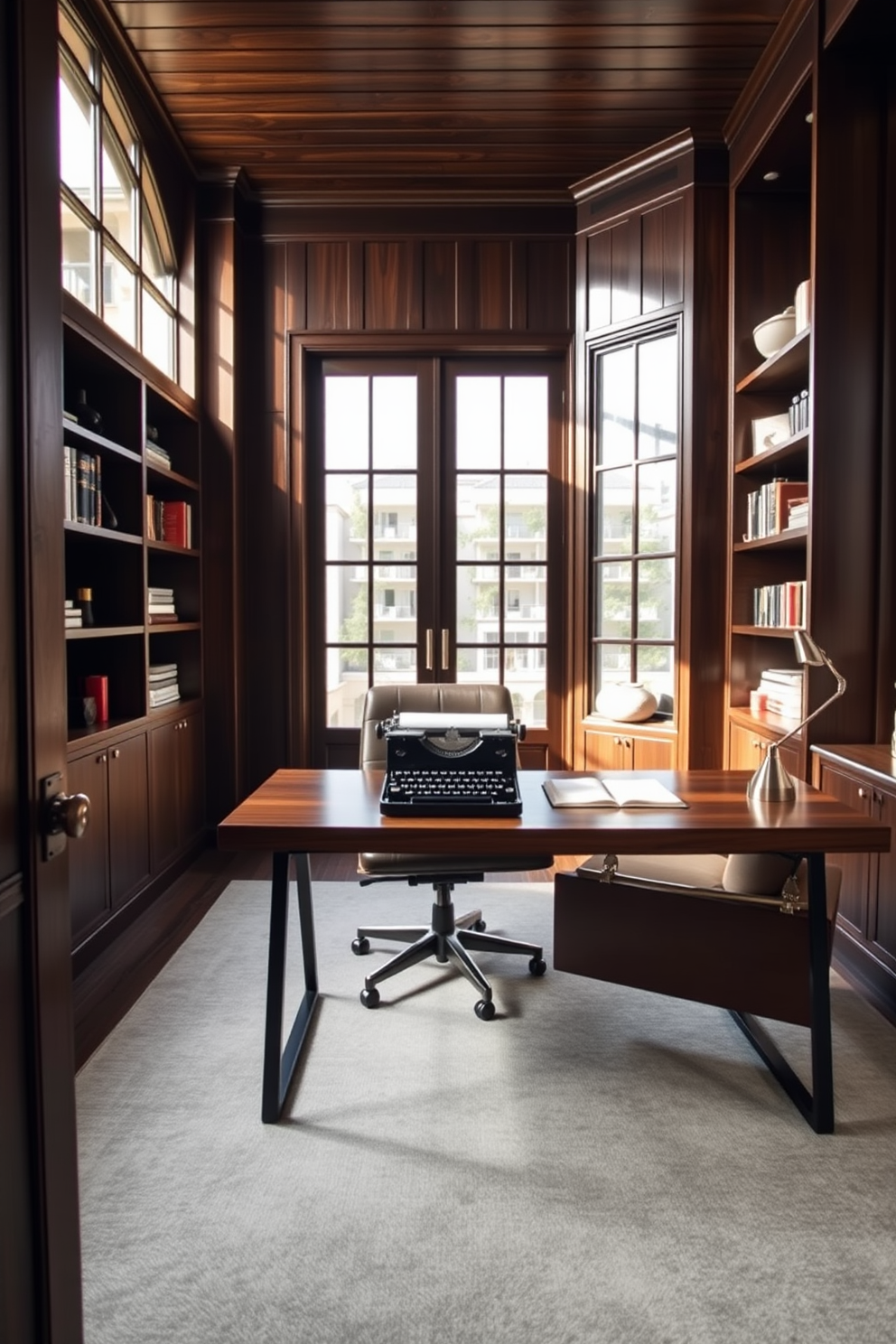 A stylish home office designed for men features a vintage typewriter as a focal point on a sleek wooden desk. The walls are adorned with dark wood paneling, and a comfortable leather chair complements the sophisticated atmosphere. Natural light streams in through large windows, illuminating a wall of bookshelves filled with classic literature and decorative items. A plush area rug in muted tones anchors the space, while a modern desk lamp adds a touch of contemporary elegance.