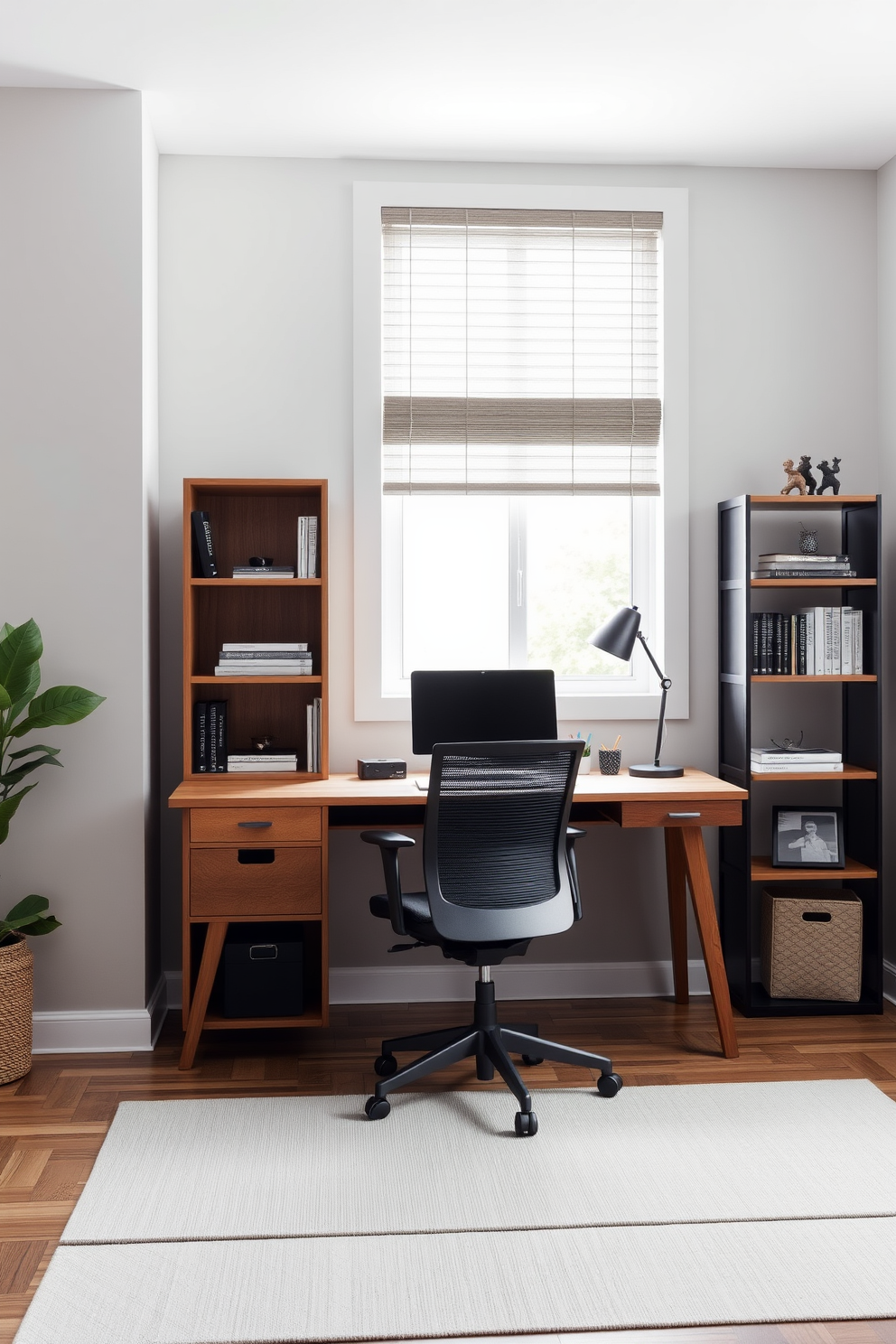 A modern home office designed for men features a sleek wooden desk positioned against a light gray wall. The desk is accompanied by a comfortable ergonomic chair, and a stylish bookshelf filled with books and decorative items adds character to the space. Natural light pours in through a large window adorned with minimalistic blinds. A subtle area rug lies beneath the desk, creating a cozy atmosphere while maintaining a neutral palette for versatility.