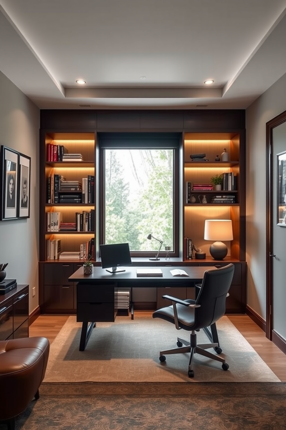 A modern home office designed for men features a sleek wooden desk with a dark finish positioned against a light gray wall. Task lighting is installed above the desk to provide focused illumination, enhancing productivity and creating a sophisticated atmosphere. The room includes a comfortable leather chair and a stylish bookshelf filled with curated books and decor. A large window allows natural light to flood the space, complemented by rich, warm accents throughout the room.