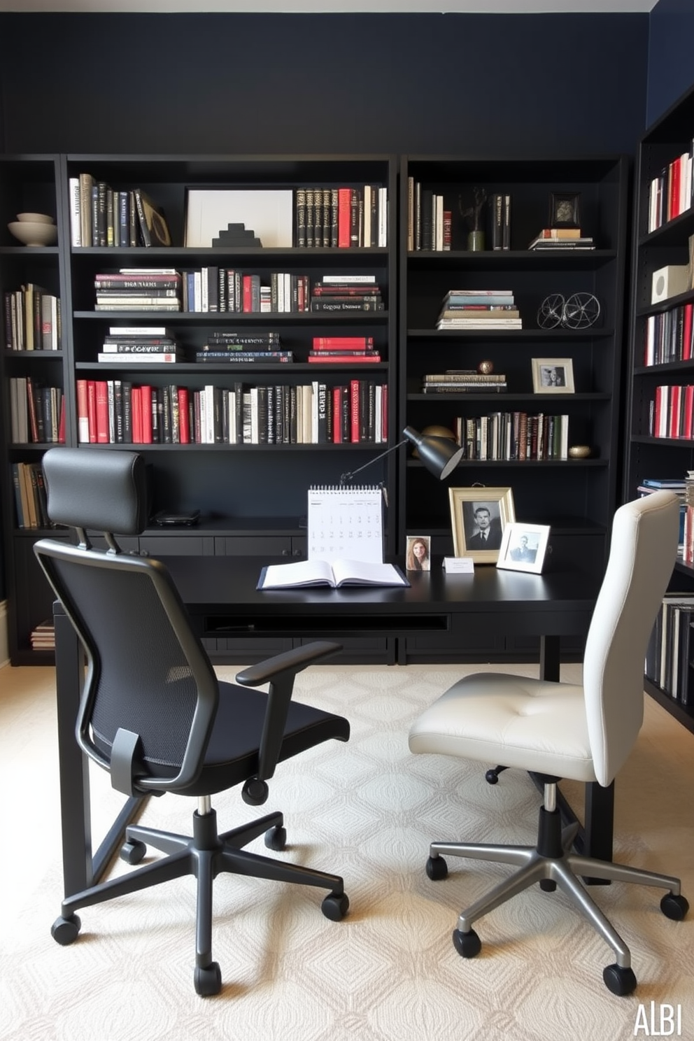 A modern home office designed for men features a sleek black desk with a minimalist design, paired with a comfortable ergonomic chair. The walls are painted in a deep navy blue, and a large bookshelf filled with books and decorative items stands against one side. Incorporate a personalized calendar or planner on the desk to enhance organization and productivity. A stylish desk lamp and a few framed photographs add a personal touch to the workspace.