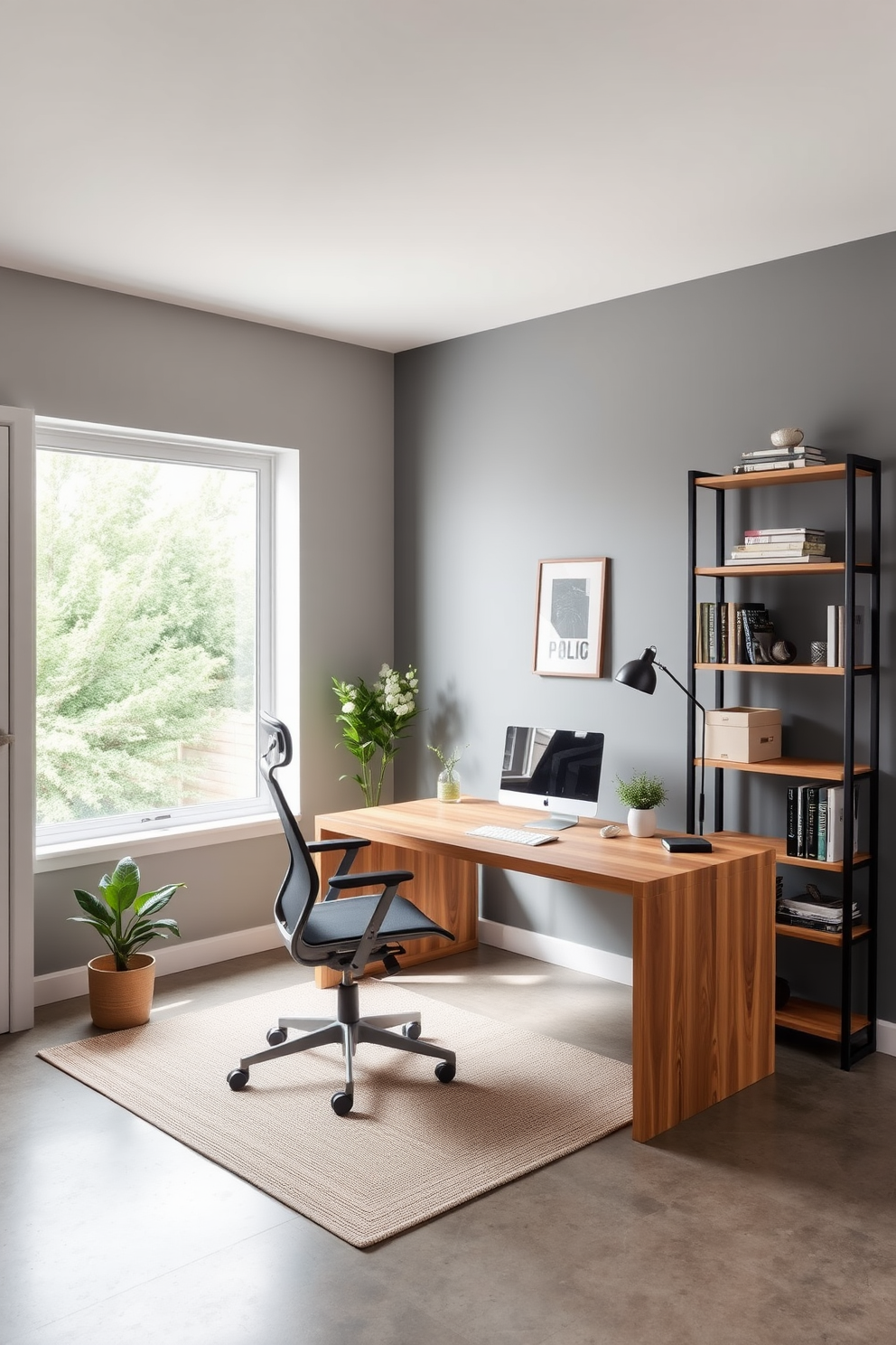 A minimalist home office designed for men features a sleek desk made of natural wood paired with a comfortable ergonomic chair. The walls are painted in a soft gray, and a large window allows ample natural light to fill the space, creating an inviting atmosphere. A modern bookshelf stands against one wall, filled with stylish decor and a few select books. A simple area rug in neutral tones adds warmth to the polished concrete floor, while a small potted plant brings a touch of nature indoors.