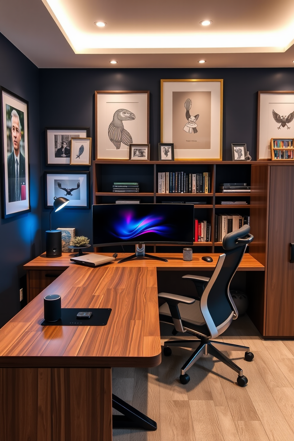 A stylish home office featuring vintage finds that add character and charm. The room includes a large wooden desk with intricate carvings, paired with a comfortable leather chair that shows signs of wear. On the walls, there are framed black and white photographs in ornate frames, showcasing a collection of travel memories. A vintage globe sits on a side table, while a bookshelf filled with classic novels adds a touch of sophistication.