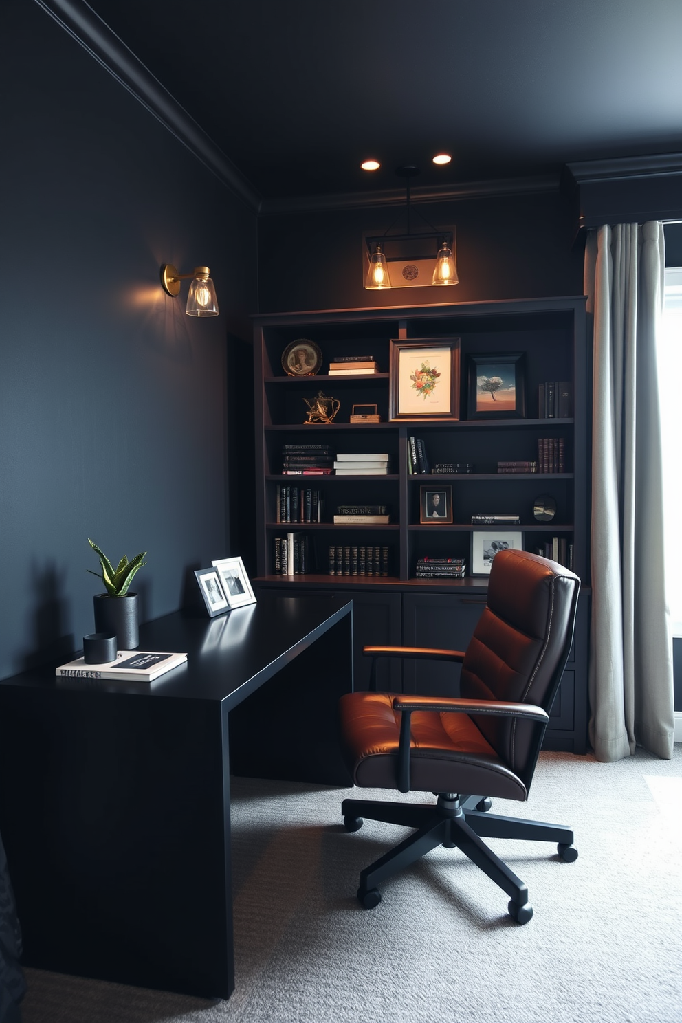 A dark color palette creates a cozy and inviting atmosphere in a home office. Rich shades of navy and charcoal envelop the walls, while a sleek black desk sits against one side, complemented by a plush leather chair. Warm lighting fixtures cast a soft glow, enhancing the intimate ambiance. A bookshelf filled with dark wood accents and personal decor adds character and functionality to the space.