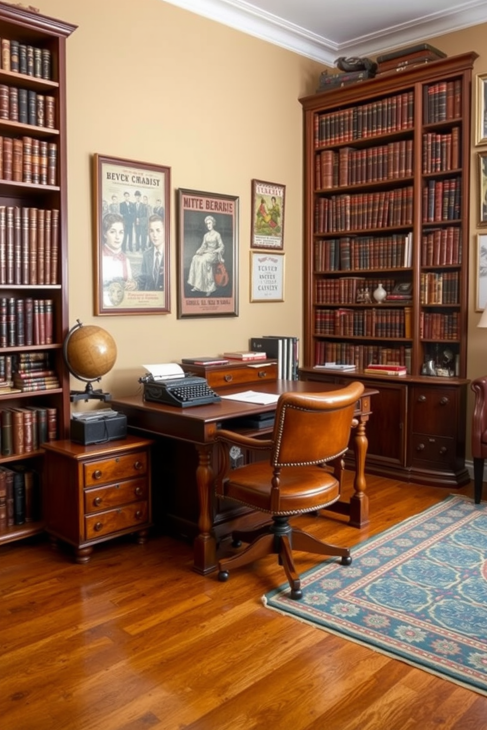 A vintage home office setting filled with retro accessories. There's a classic wooden desk with a leather chair, adorned with a typewriter and an antique globe on the corner. The walls are painted in a warm beige tone, and a large bookshelf filled with leather-bound books stands against one side. A patterned rug covers the hardwood floor, and vintage posters are framed and hung on the walls.