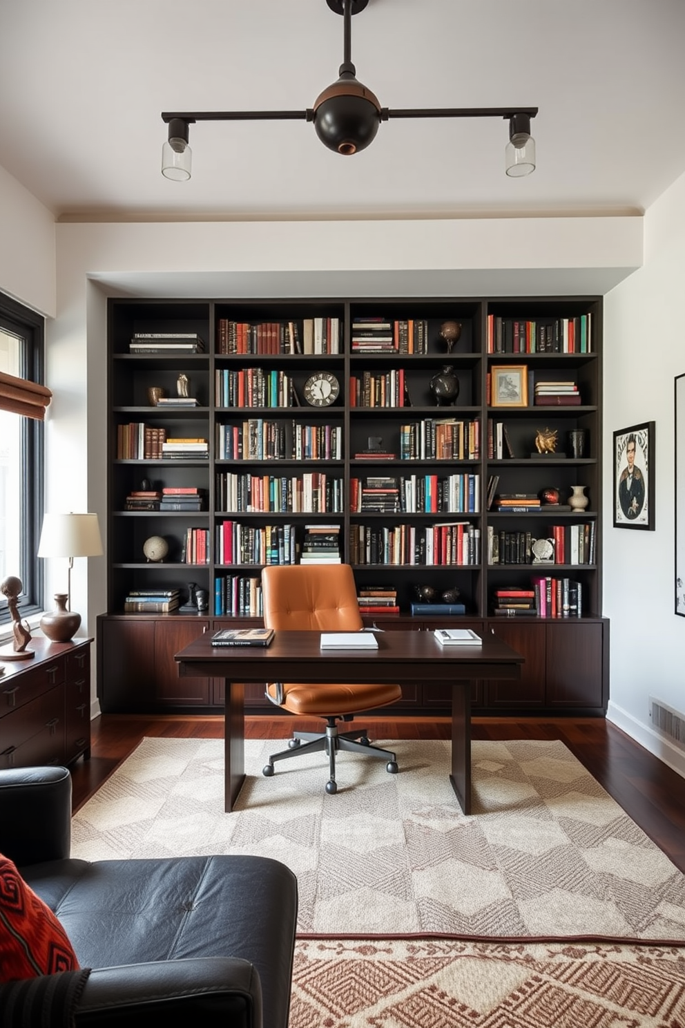 A stylish home office designed for men features a statement bookshelf that spans an entire wall, filled with an eclectic mix of books and decorative objects. The desk is a sleek dark wood with a comfortable leather chair, and the room is accented with industrial-style lighting and rich textures to create a warm and inviting atmosphere.