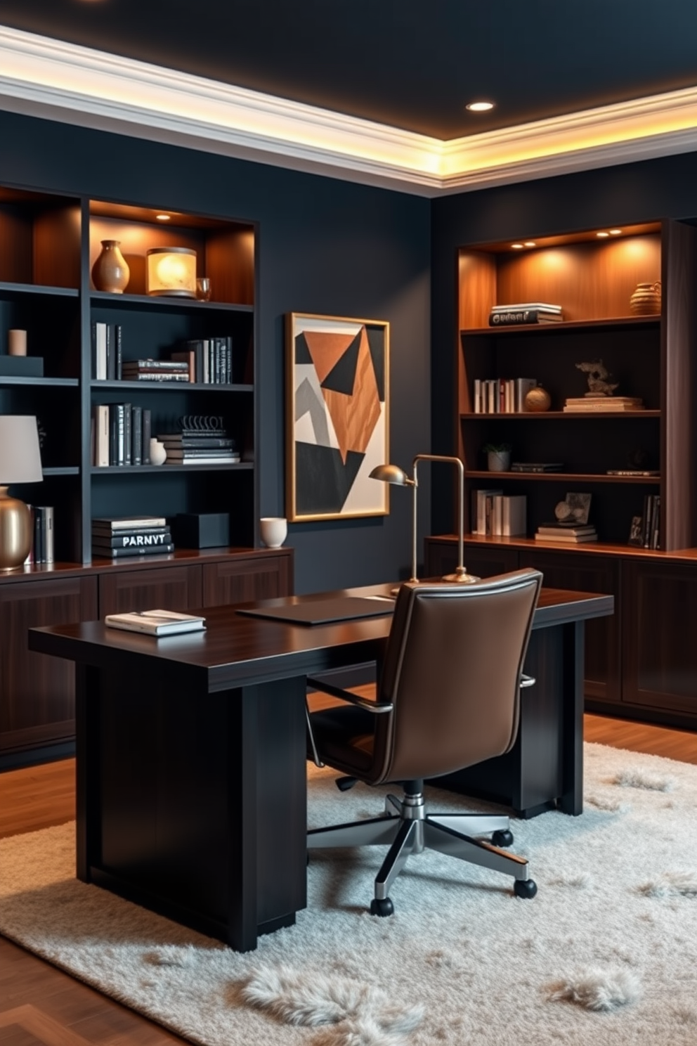 A rustic home office setting featuring a reclaimed wood desk that exudes warmth and character. The desk is paired with a comfortable leather chair and is positioned near a window that allows natural light to flood the space. The walls are adorned with vintage-inspired artwork and shelves made of the same reclaimed wood, showcasing books and decorative items. A cozy area rug in earthy tones lies underneath the desk, adding texture and comfort to the room.