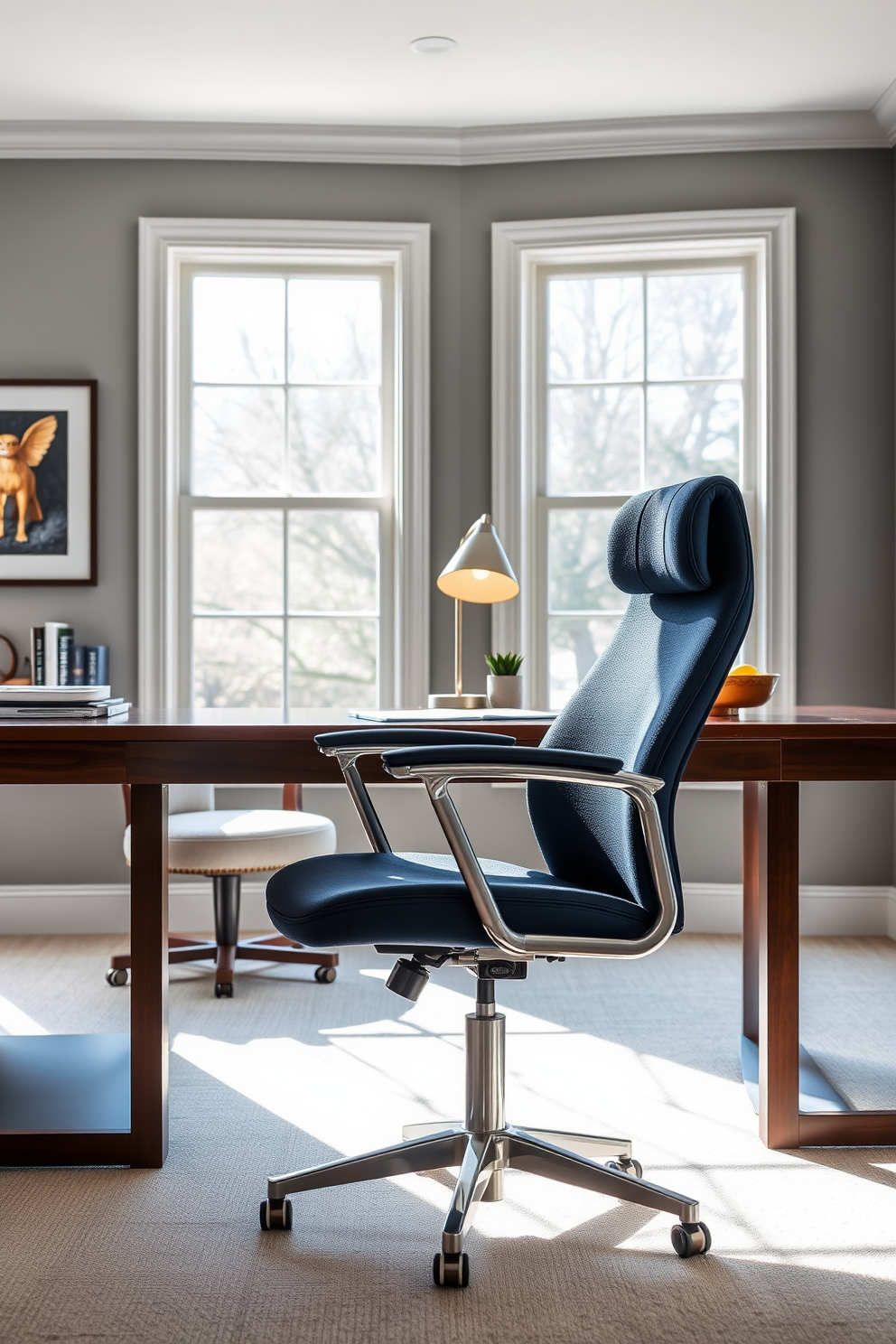 A modern home office designed for men featuring a sleek dark wood desk paired with a comfortable leather chair. The walls are painted in a soft gray, accented with bold navy blue shelves filled with books and decorative items. Natural light floods the room through large windows adorned with minimalist blinds. A stylish area rug in geometric patterns adds warmth to the space, while a statement piece of artwork in vibrant colors hangs above the desk.