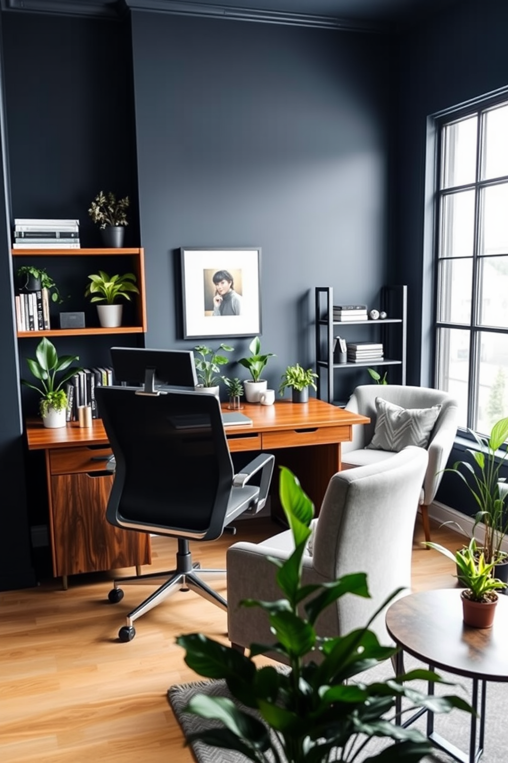 A stylish home office for men featuring a sleek wooden desk with a modern ergonomic chair. The walls are adorned with dark blue paint, and a large window allows natural light to illuminate the space, complemented by indoor plants placed on the desk and shelves. A comfortable reading nook is created with a plush armchair in the corner, surrounded by potted greenery. A minimalist bookshelf displays books and decorative items, enhancing the sophisticated atmosphere of the office.