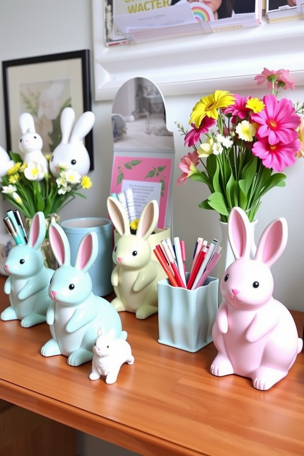 A charming home office setting featuring bunny-themed desk organizers and supplies. The desk is adorned with pastel-colored organizers shaped like bunnies, holding pens, papers, and other stationery items. Easter decorations add a festive touch to the workspace. Soft bunny figurines and floral arrangements in cheerful colors are placed around the desk, creating a playful yet organized atmosphere.