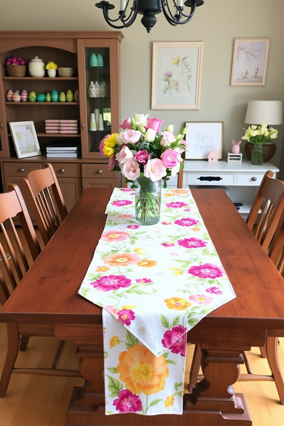 A cozy home office decorated for Easter features seasonal scented candles in pastel hues placed on a stylish desk. The walls are adorned with cheerful spring-themed artwork, and a soft area rug adds warmth to the space.