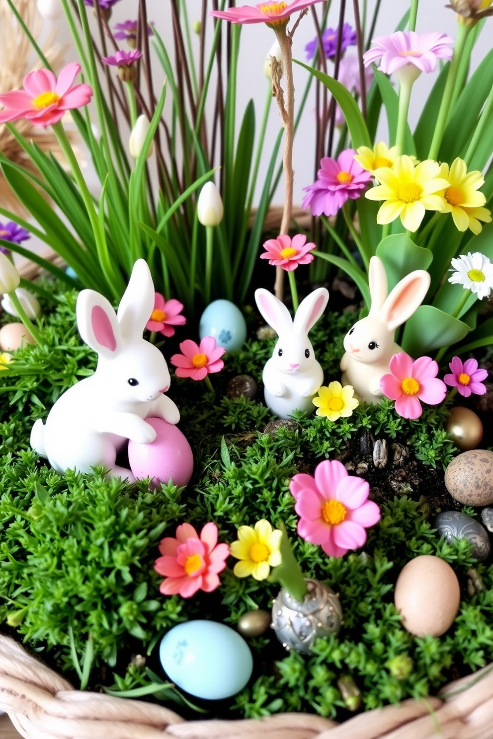 Create a charming miniature garden scene adorned with colorful Easter decorations. Include small bunnies, painted eggs, and vibrant flowers nestled among lush greenery. Design a cozy home office space that incorporates Easter-themed decor. Use pastel colors, decorative egg accents, and spring flowers to create a cheerful and inviting atmosphere.