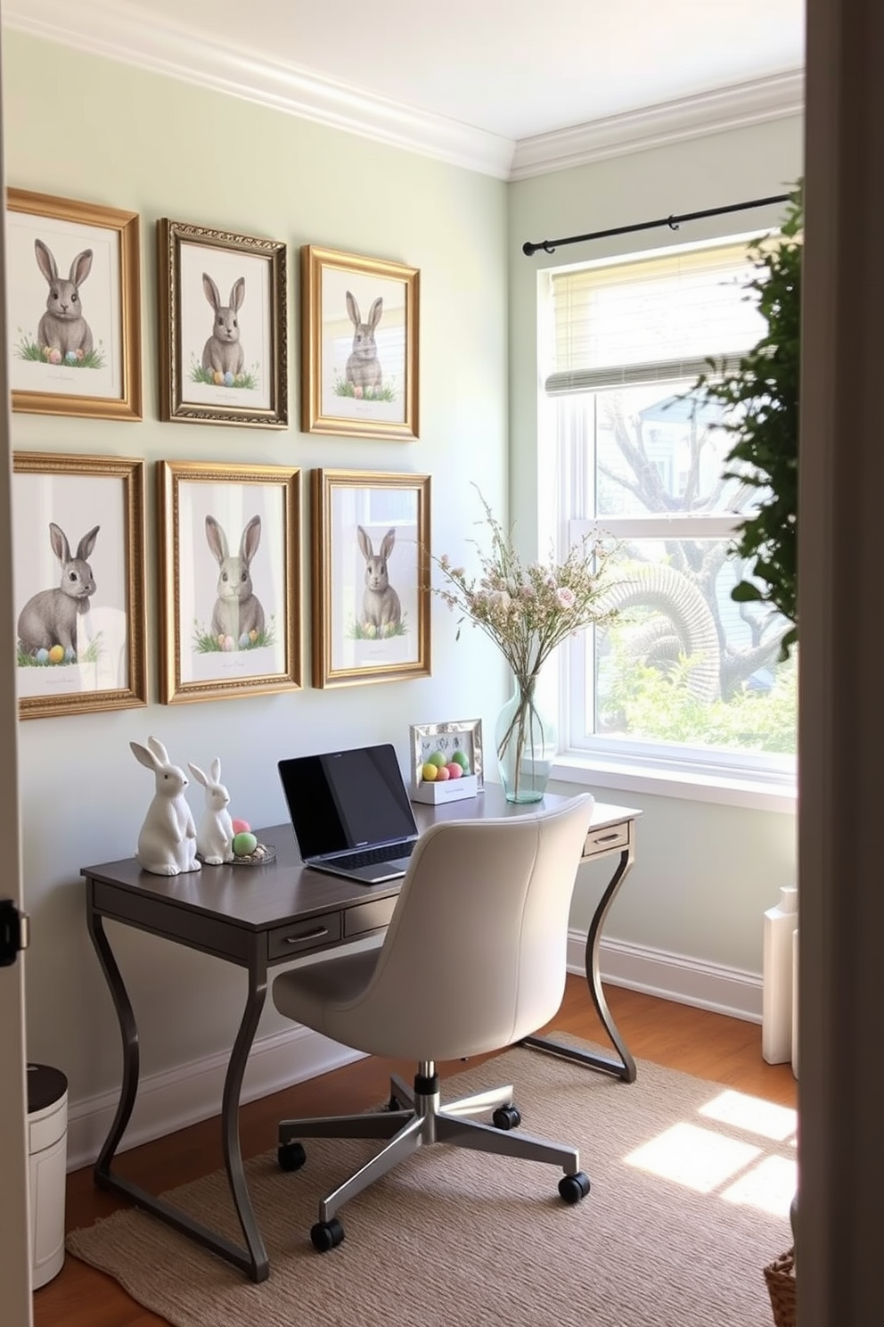 A cozy home office adorned with Easter-themed prints in elegant frames. The walls are painted in a soft pastel hue, creating a cheerful and inviting atmosphere. A stylish desk is positioned near a window, allowing natural light to illuminate the space. Decorative elements like bunny figurines and colorful eggs enhance the festive decor while maintaining a sophisticated aesthetic.