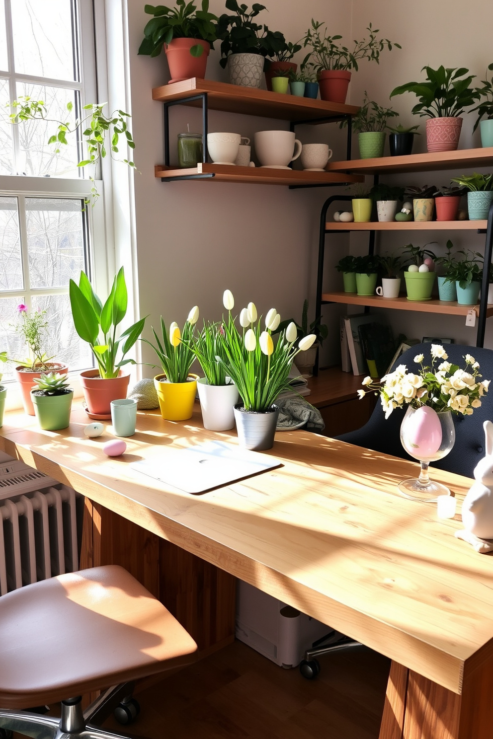 A cozy home office filled with natural light. There are potted plants of various sizes with colorful pots arranged on the shelves and window sills, adding a vibrant touch to the workspace. The desk is made of reclaimed wood and features a sleek design. Easter decorations, including pastel-colored eggs and floral arrangements, are tastefully displayed on the desk and around the room, creating a cheerful atmosphere.