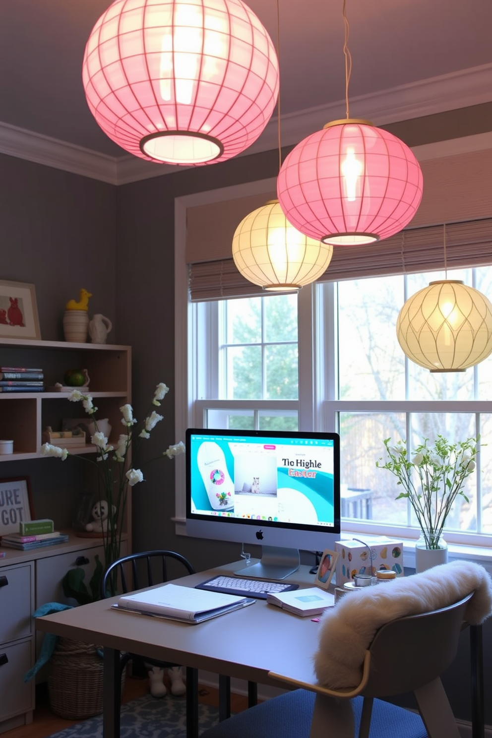 A vibrant home office space adorned with colorful paper lanterns hanging from the ceiling. The walls are painted in a soft pastel shade, and a stylish desk is positioned under the lanterns, creating an inviting workspace for creative inspiration. Easter decorations are tastefully arranged around the room, featuring cheerful pastel colors and playful motifs. A beautifully set table with seasonal decor complements the overall ambiance, making it a perfect spot for festive gatherings.