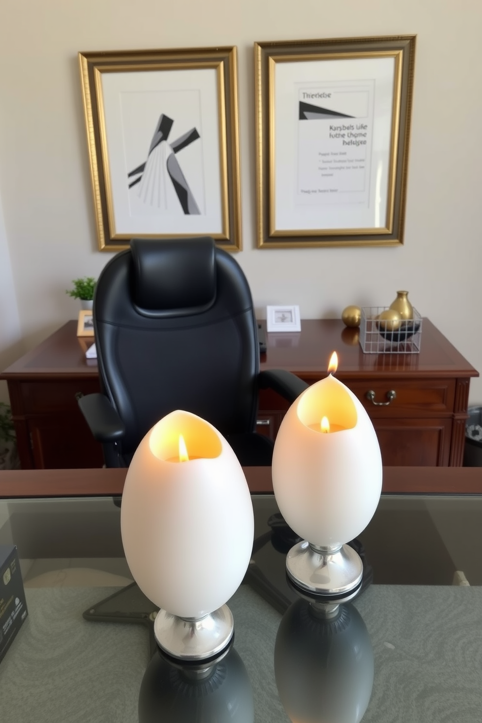 A stylish home office setting adorned with egg-shaped candles placed elegantly on the desk. The desk is made of polished wood and features a comfortable ergonomic chair, creating a perfect workspace for creativity and productivity.