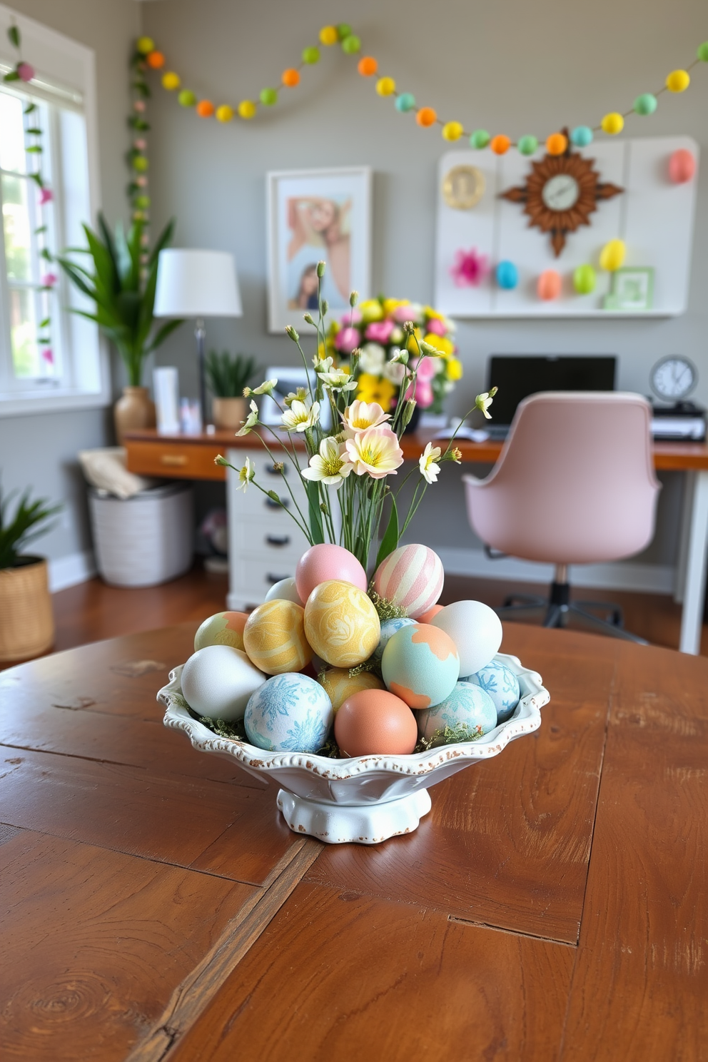 Brightly colored file folders for organization. The folders are arranged neatly on a sleek wooden desk, adding a pop of color to the workspace. Home Office Easter Decorating Ideas. A cheerful display of pastel-colored decorations adorns the shelves, creating a festive and inviting atmosphere.