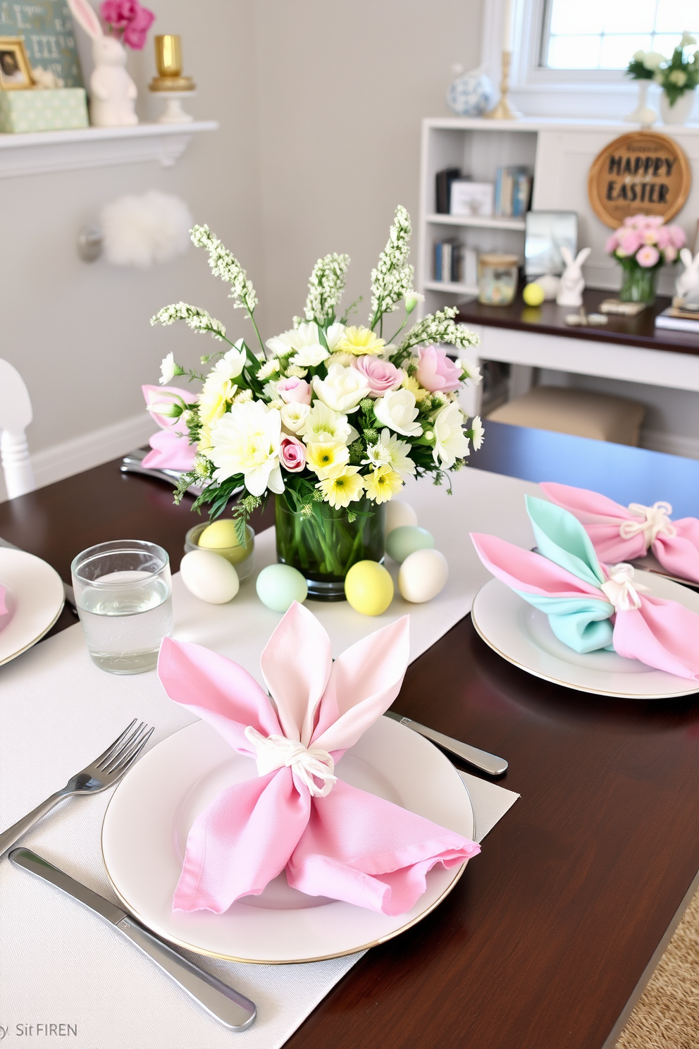 A charming seasonal table setting featuring pastel-colored bunny napkins elegantly folded at each place setting. The table is adorned with a fresh floral centerpiece, surrounded by decorative eggs and soft, spring-themed tableware. An inspiring home office decorated for Easter with subtle touches of spring. The workspace includes a stylish desk with a cheerful arrangement of flowers and bunny-themed decor, creating a warm and inviting atmosphere.